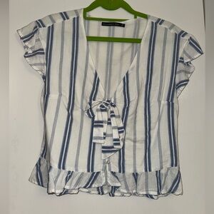 Abercrombie & Fitch White and Blue Striped Tie-Front Ruffle Blouse